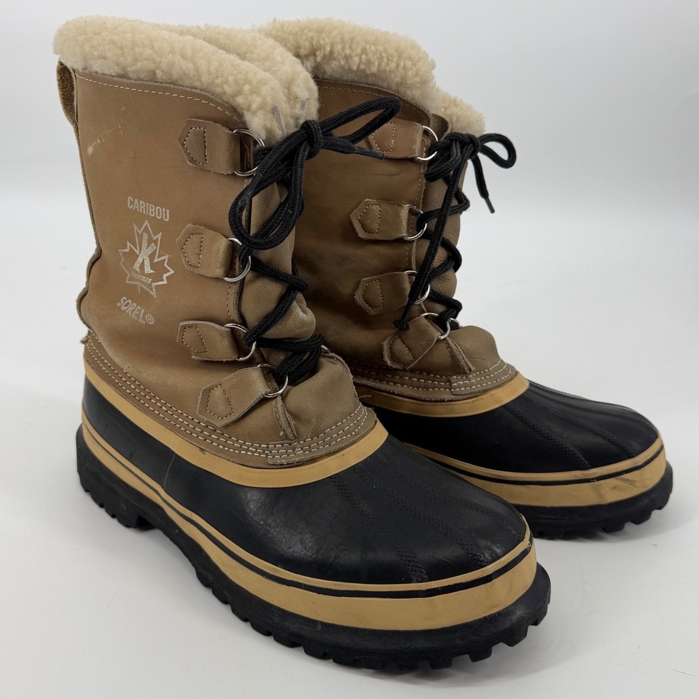 Vintage Sorel Caribou Kaufman Men 8 Tan Black Winter Boots Made in‎ Canada Wool